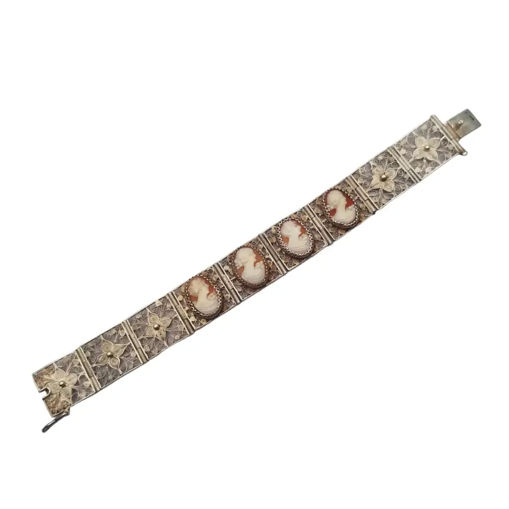 Antique 800 silver filigree bracelet and cameos, retro nostalgia