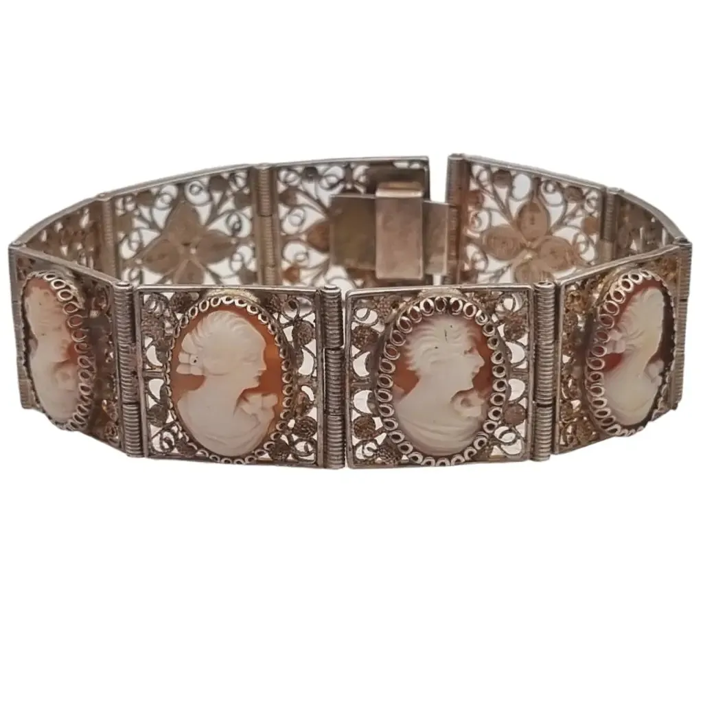 Antique 800 silver filigree bracelet and cameos, retro nostalgia