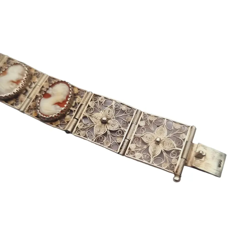 Antique 800 silver filigree bracelet and cameos, retro nostalgia