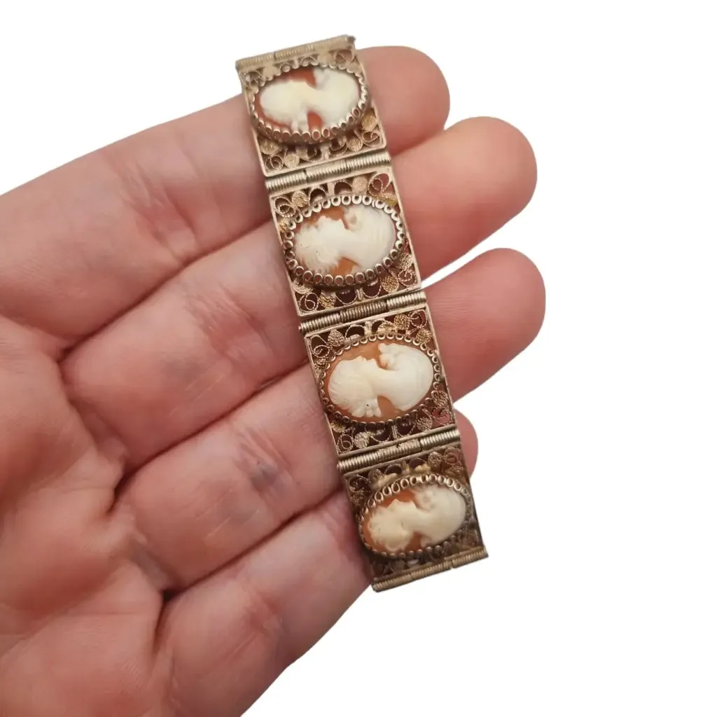 Antique 800 silver filigree bracelet and cameos, retro nostalgia