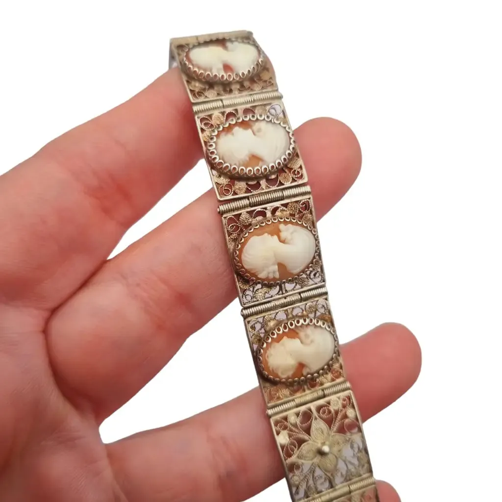 Antique 800 silver filigree bracelet and cameos, retro nostalgia