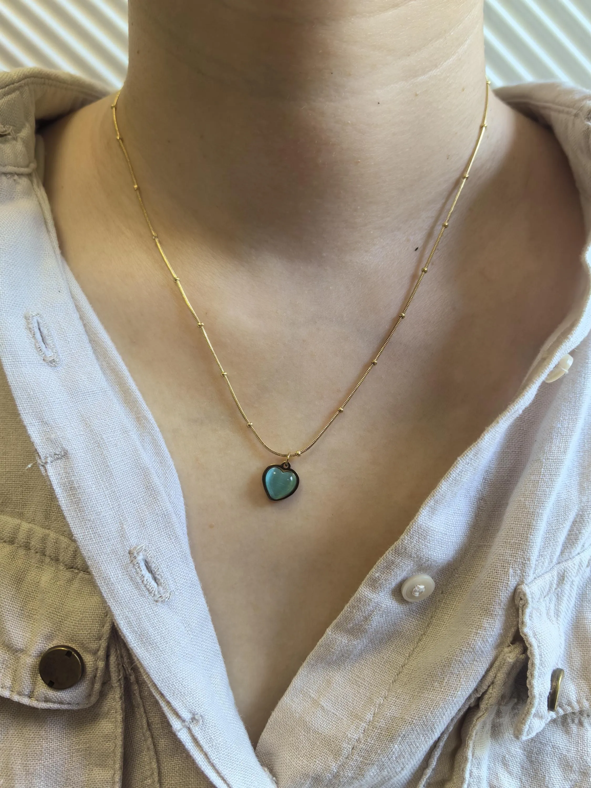 Chic Delicate 18K Gold Plate Teal Opal Titanium Steel Heart Chain Pendant Dainty Necklace