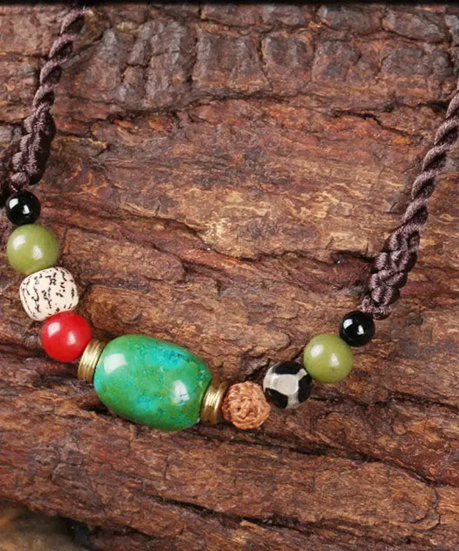 Handmade Brown Hand Knitting Turquoise Pipal Tree Seed Gratuated Bead Necklace ML0269