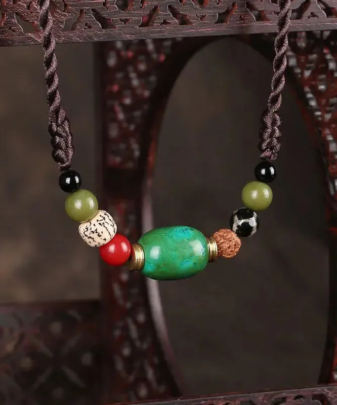 Handmade Brown Hand Knitting Turquoise Pipal Tree Seed Gratuated Bead Necklace ML0269