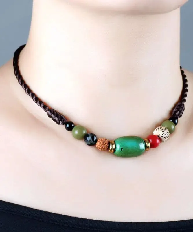 Handmade Brown Hand Knitting Turquoise Pipal Tree Seed Gratuated Bead Necklace ML0269