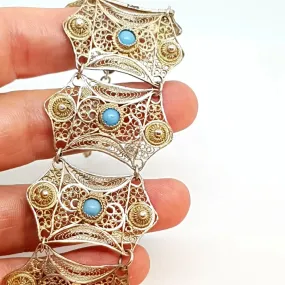 Silver filigree bracelet and turquoise balls for women, wide bracelet.